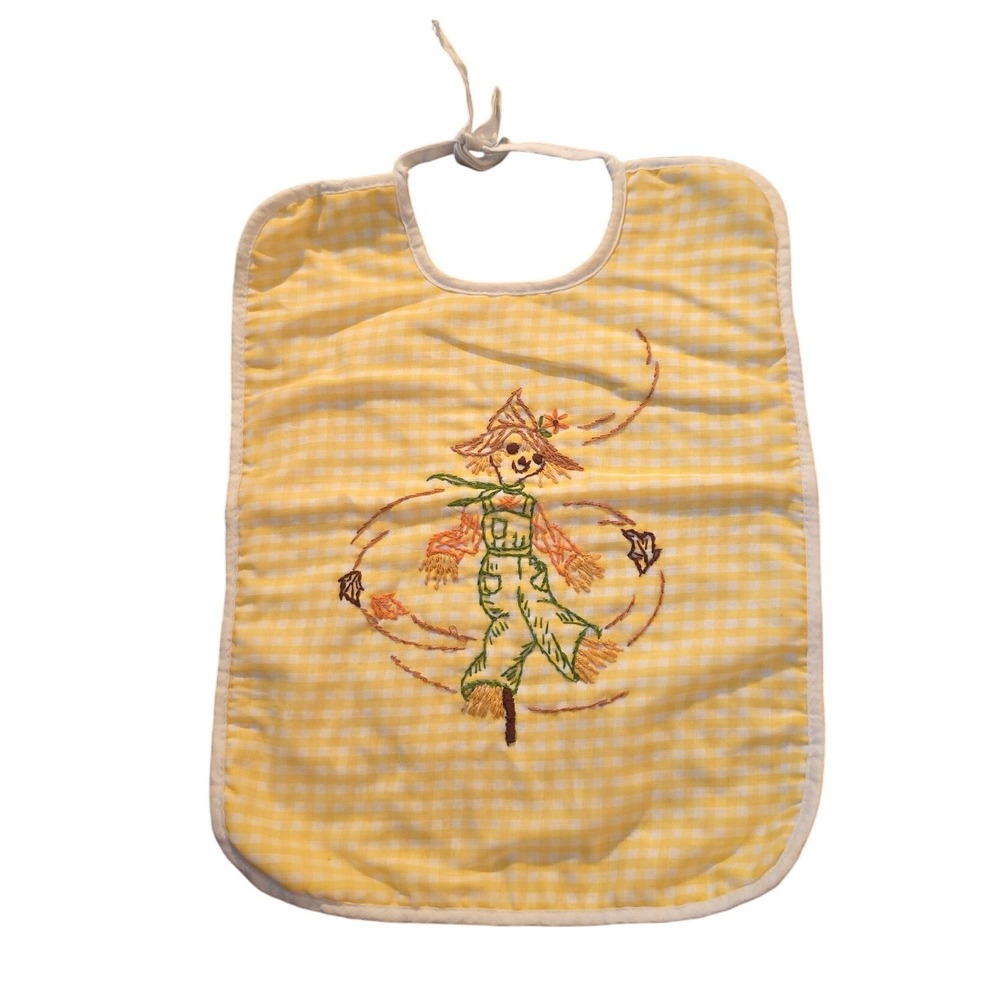 Vintage Embroidered Scarecrow Yellow Gingham Check Baby‎ Bib